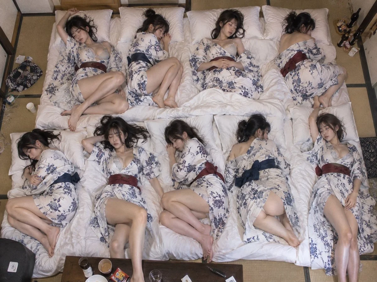 Overhead shot of nine women sleeping on futons in a ryokan
