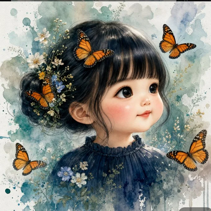 Oversized black eyes and wildflowers adorn a serene chibi girl in watercolor