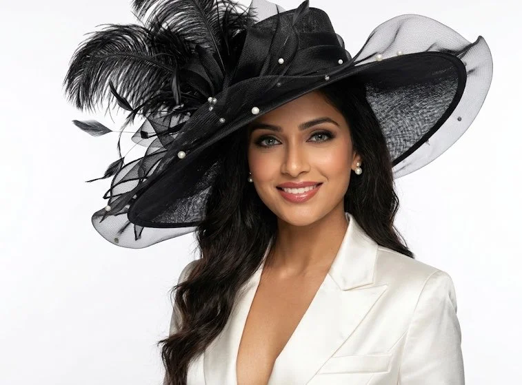 Oversized black hat tilts elegantly over woman's flawless glowing skin