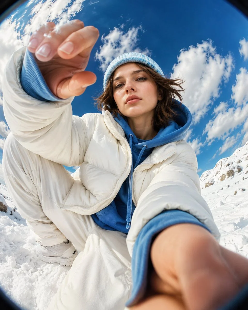 Oversized hands frame a youth in white puffer jacket under blue sky.