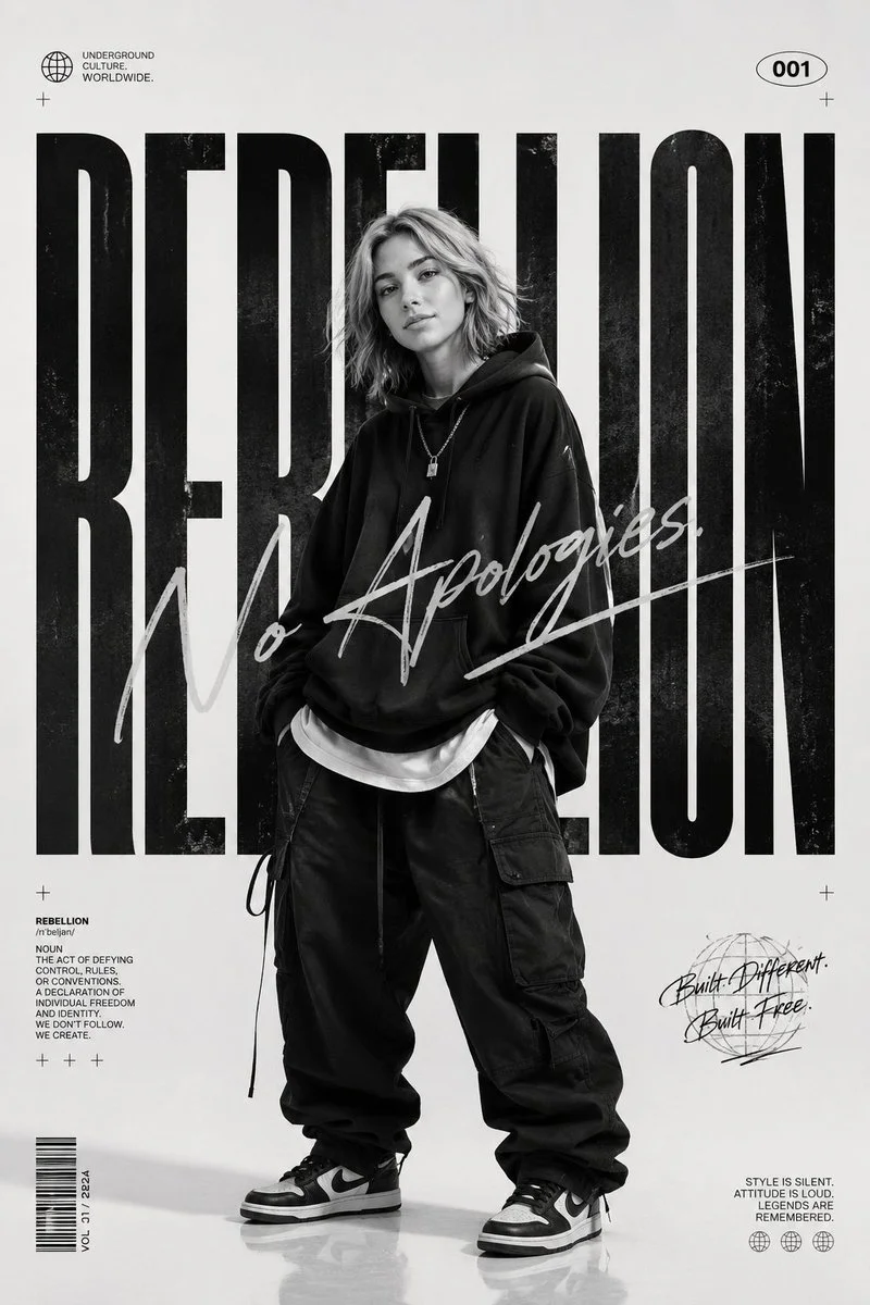 Oversized monochrome streetwear editorial captures rebellious urban attitude