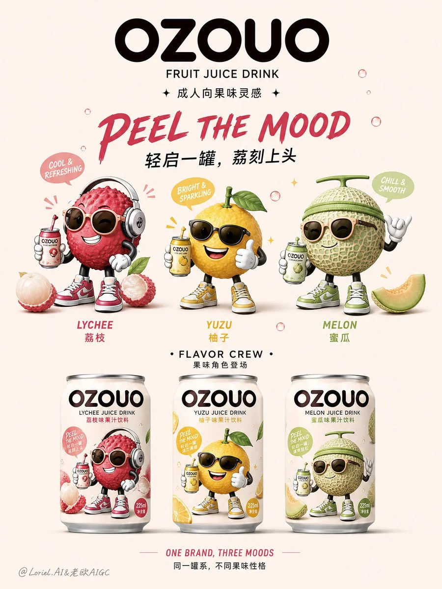 OZOUO flavor lineup poster shows mascot family and three cans