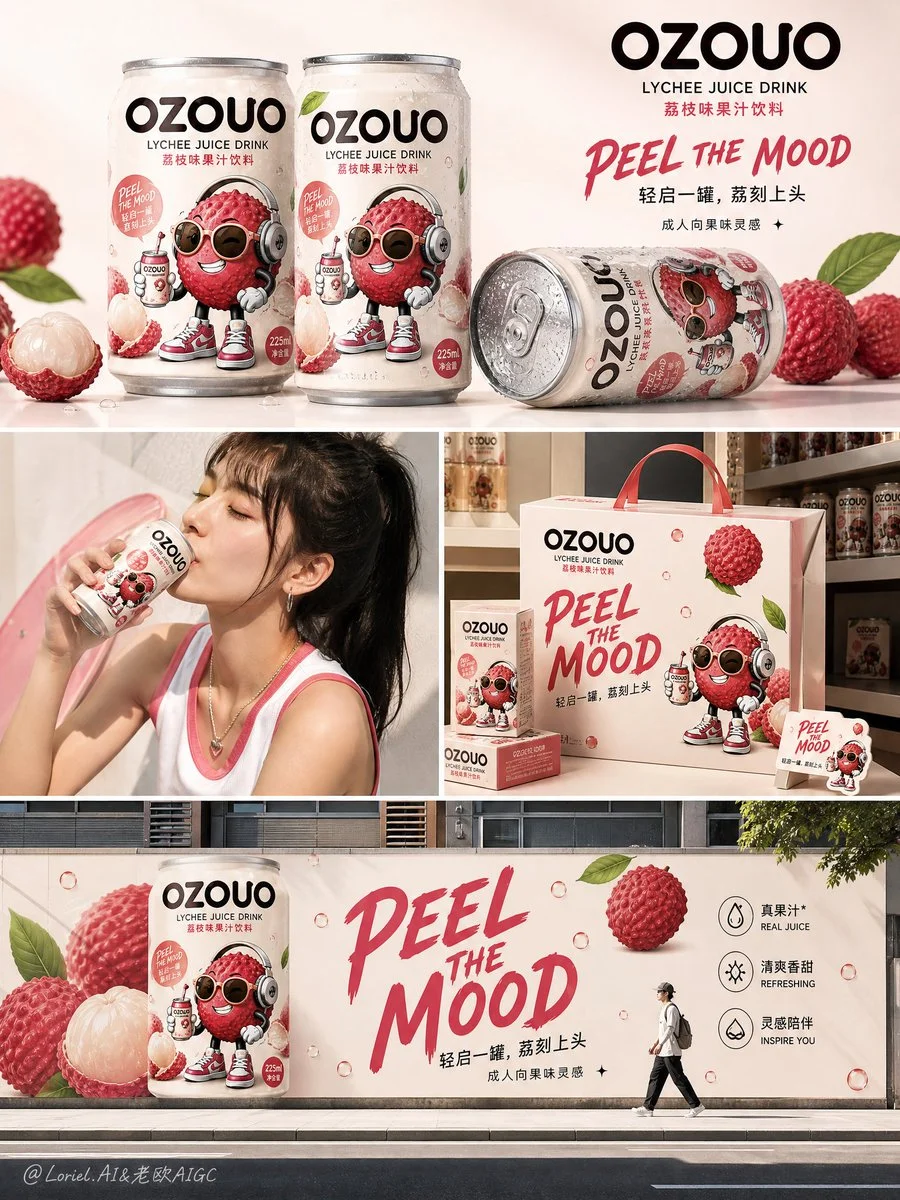 OZOUO lychee drink cans gleam in a premium lifestyle collage
