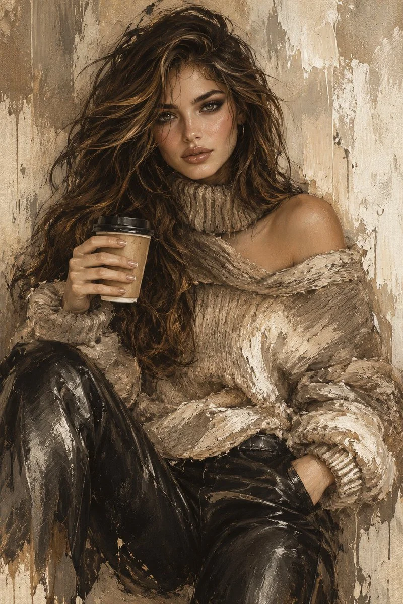 Painterly fashion portrait captures confident woman with coffee cup