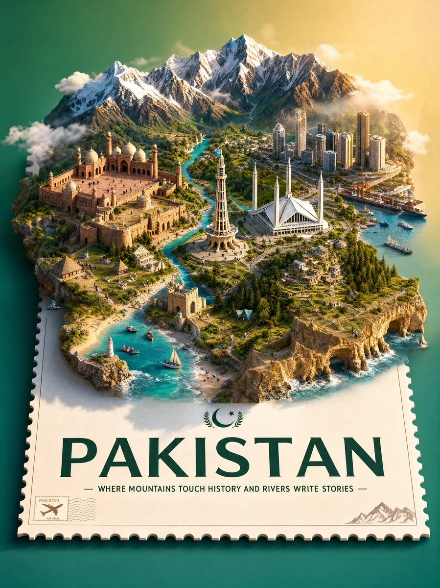 Pakistan's iconic landmarks float on a golden isometric ticket