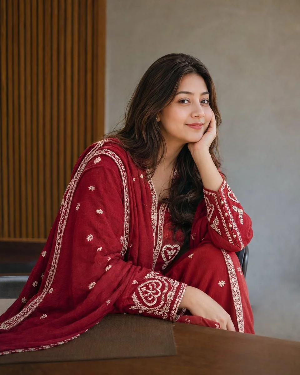 Pakistani woman in red shalwar kameez enjoys latte at rustic café