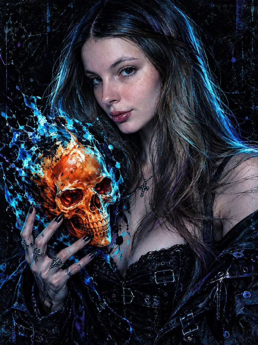 Pale girl clutches textured skull in cool cyan chiaroscuro glow