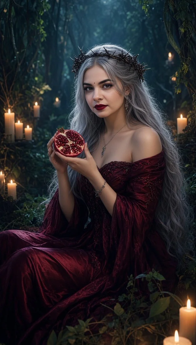 Pale queen holds pomegranate among candlelit forest shadows
