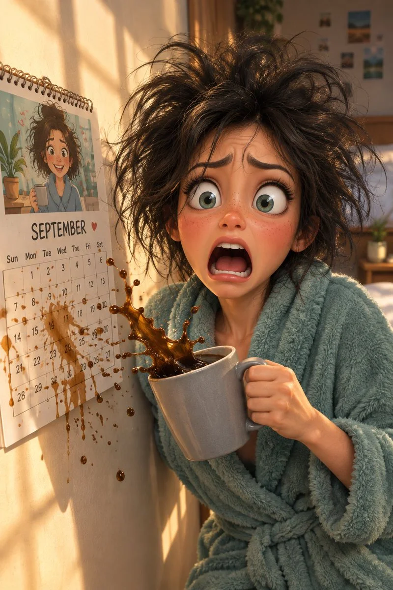 Panicked woman with wild bedhead spills coffee on calendar