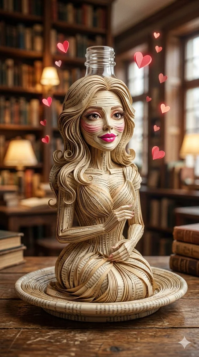 Paper Sculpture Bottled Grace in a Warm Library Glow