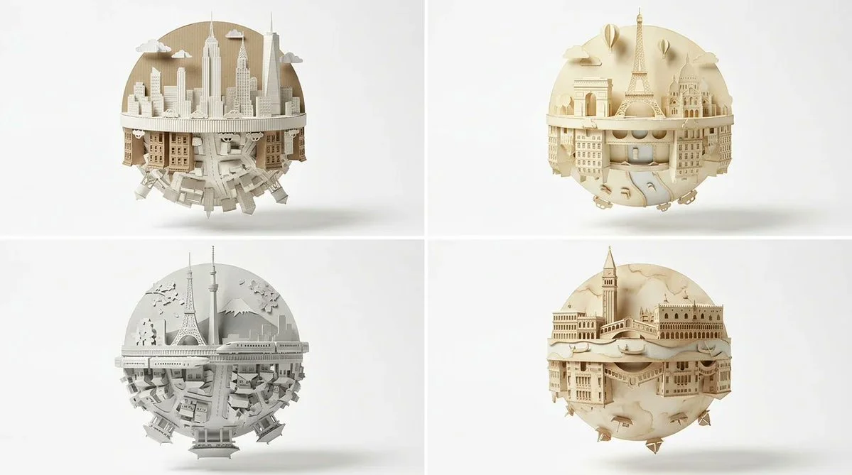 Papercraft planet of Paris floats with Eiffel Tower skyline