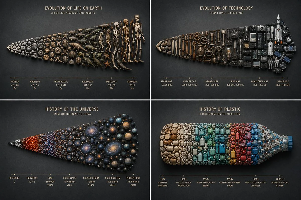 Particles settle into chronological shapes in a gentle simulation.
