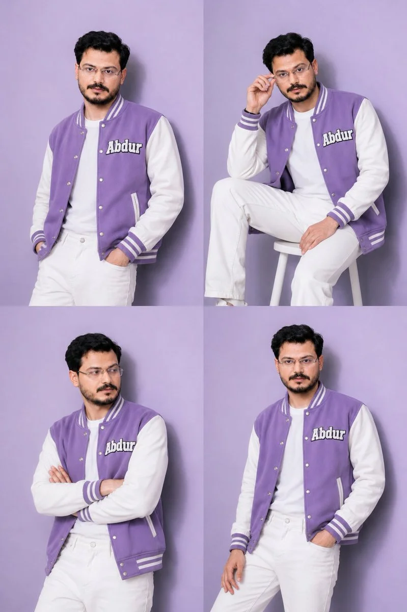 Pastel lavender varsity jacket complements white tee and jeans in studio