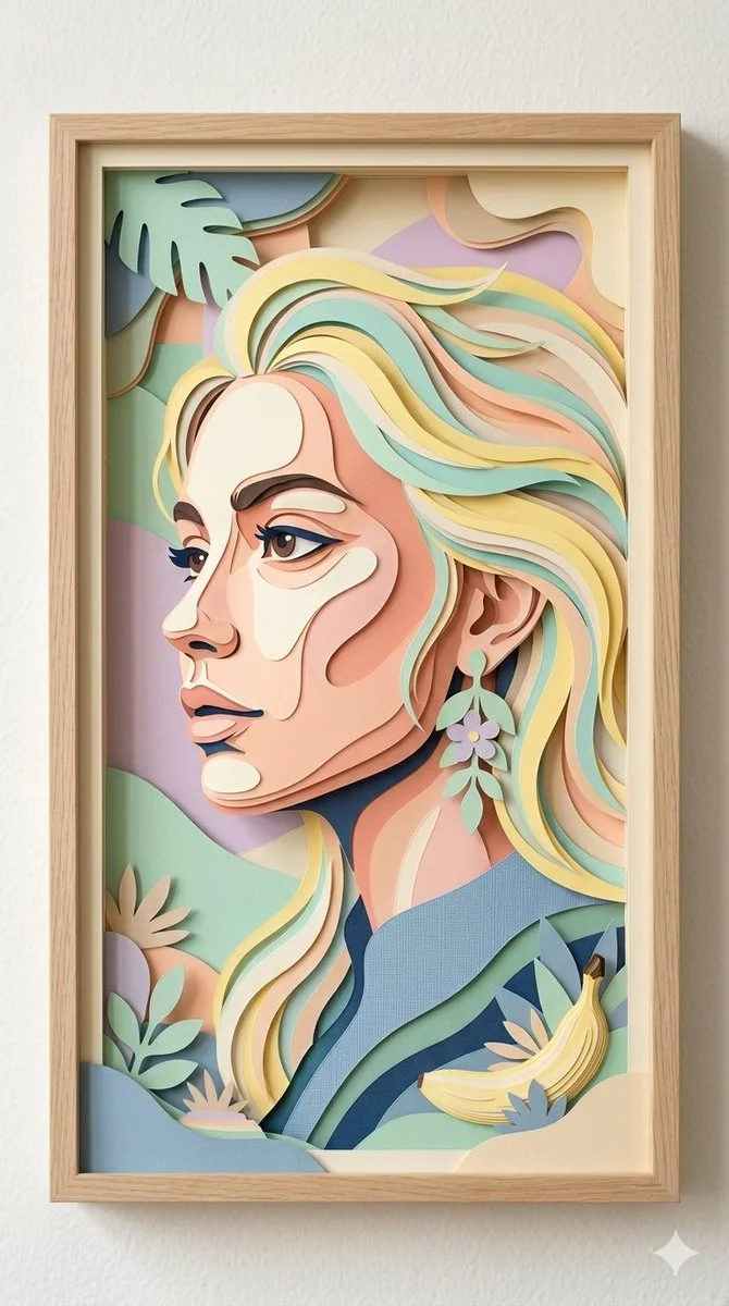 Pastel Paper-Cut Portrait with Botanical Touch