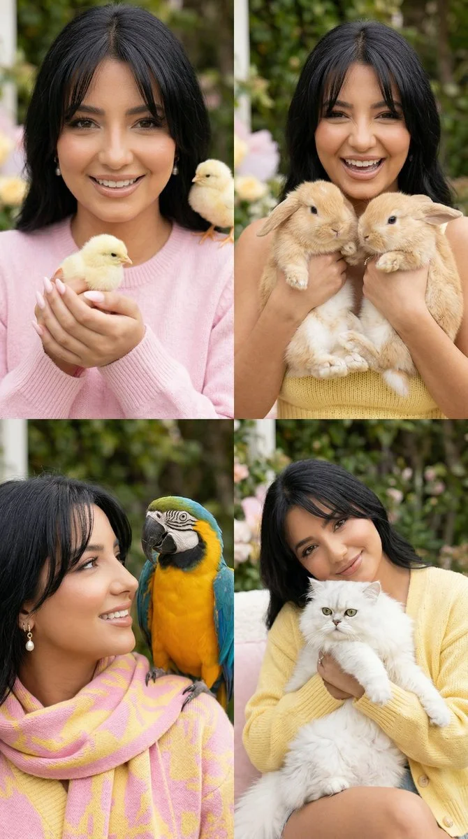 Pastel Spring Joy: Young Woman with Adorable Animals in 2x2 Grid