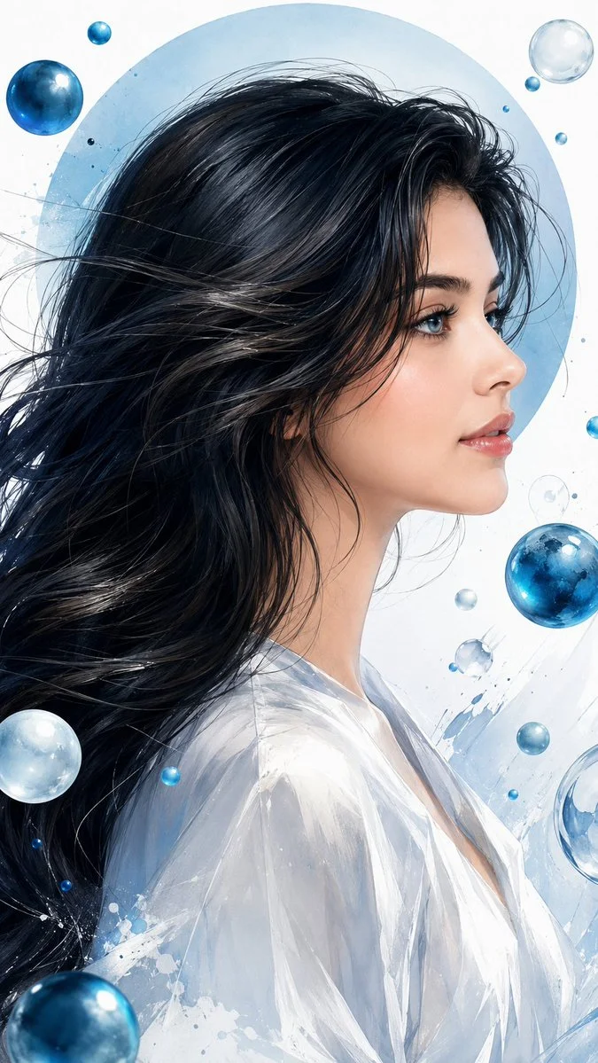 Pearl-white and blue spheres frame a calm feminine profile