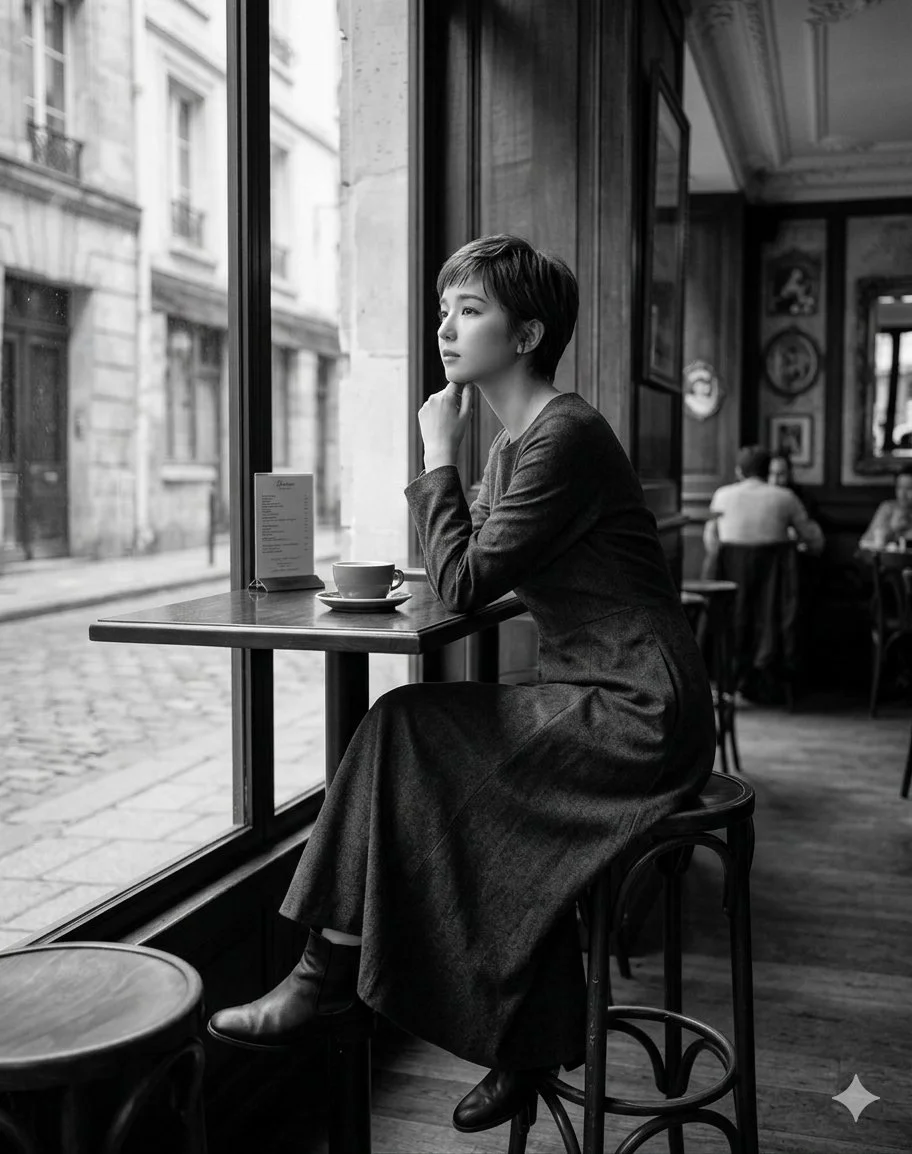 Pensive Moment in a Parisian Café: Black-and-White Portrait