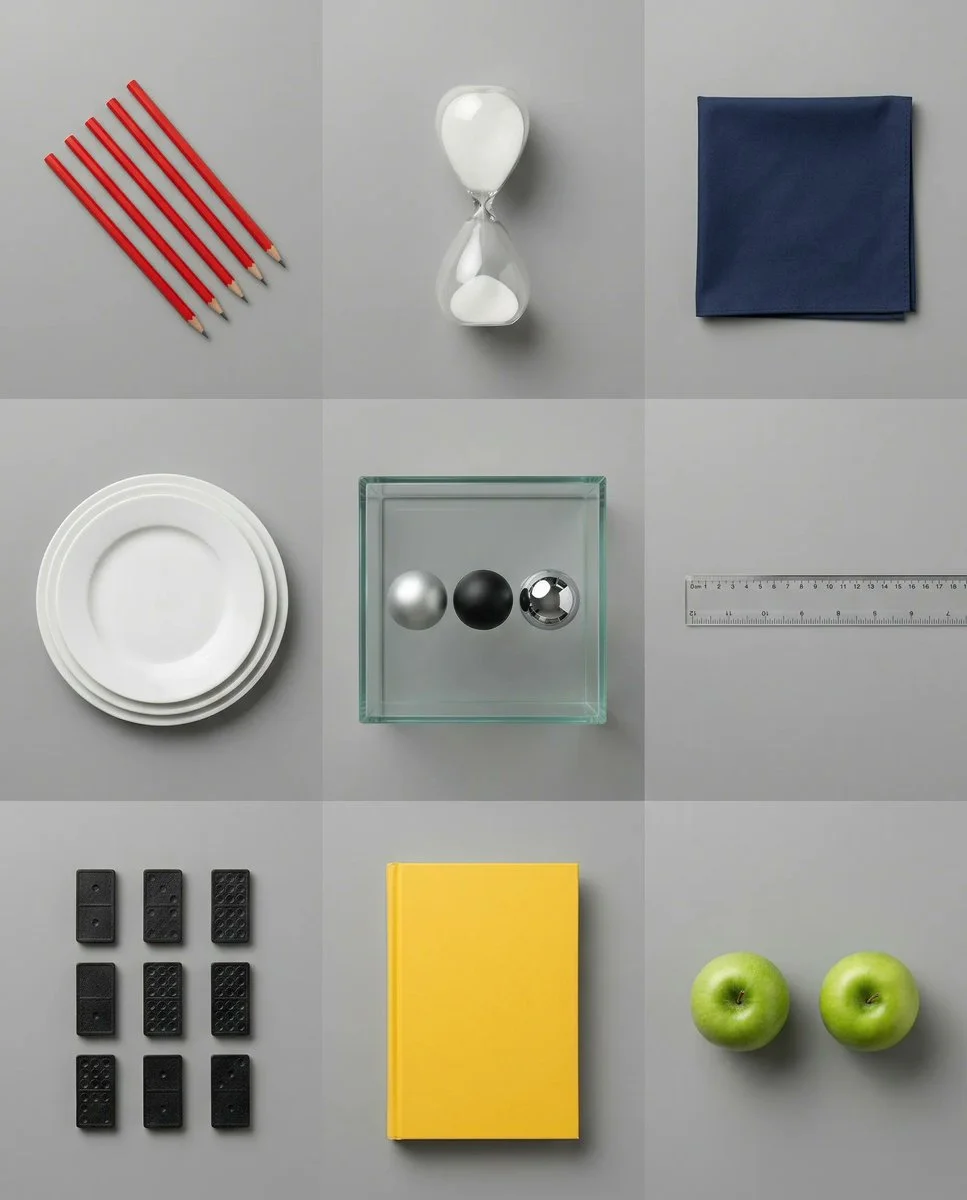 Perfect 3x3 Grid Still Life with Hyper-Precise Object Placement