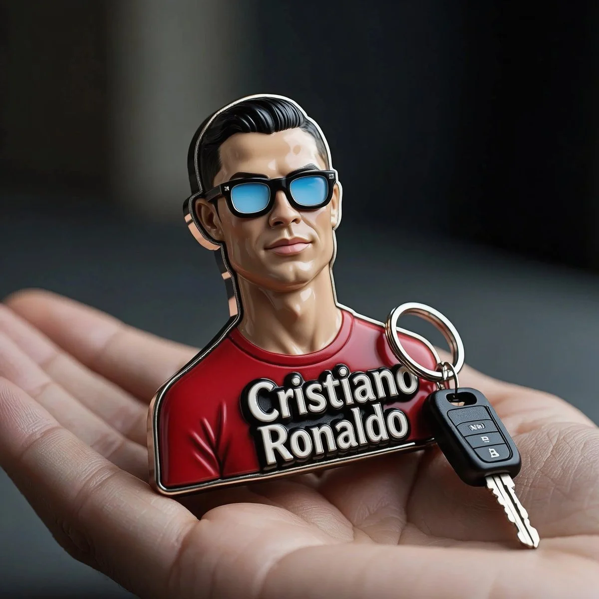 Personalized Miniature Portrait Keychain in Dramatic Studio Setting