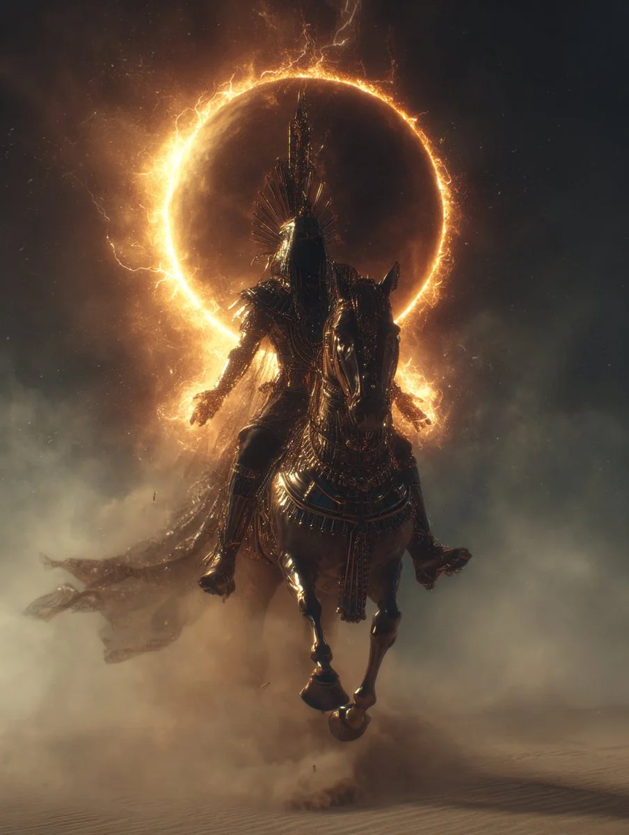 Pharaoh in golden armor rides a solar horse through a storm.