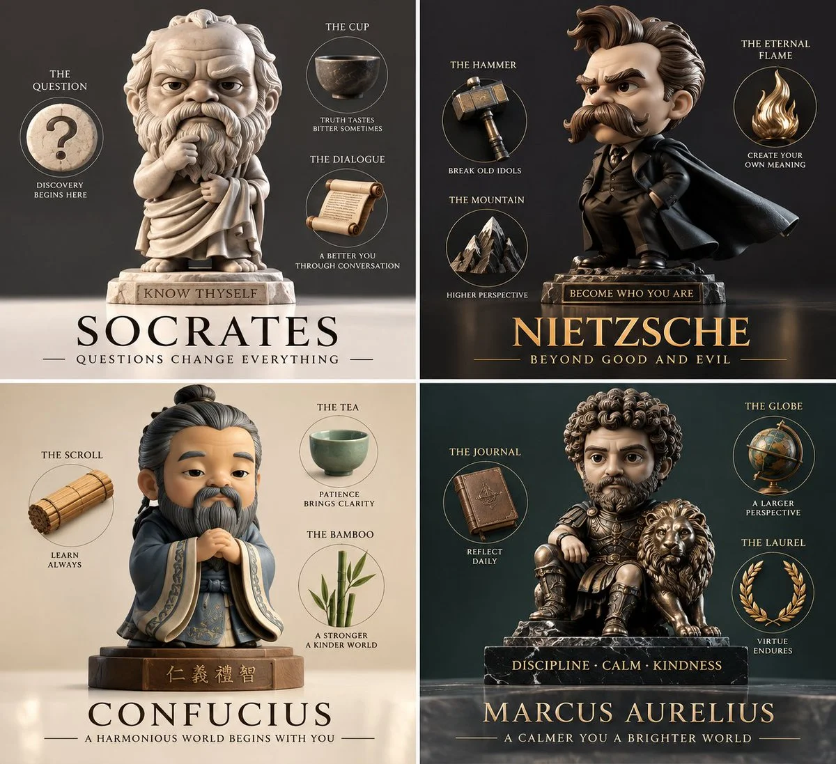 Philosopher Collectible Toys Arranged in a Grid of Four