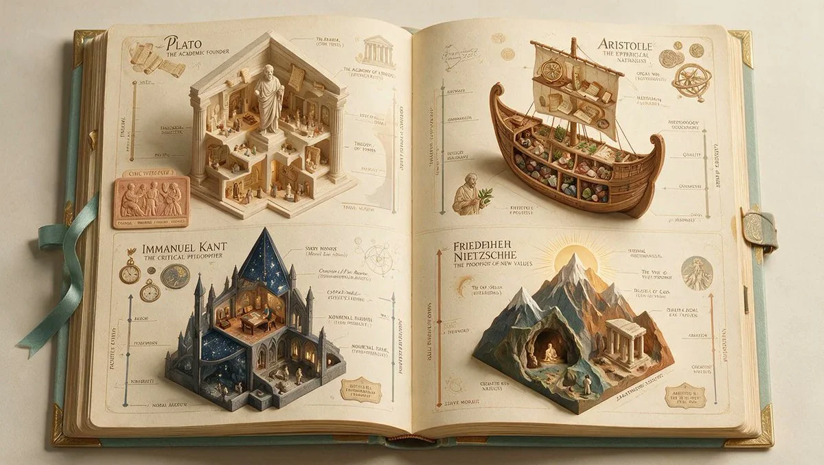 Philosophers' knowledge rendered as a pop-up book with tiny props