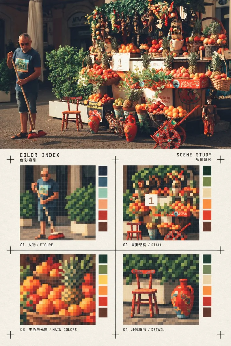 Photograph Deconstructs Into Pixel Color Index Poster With Four Blocks