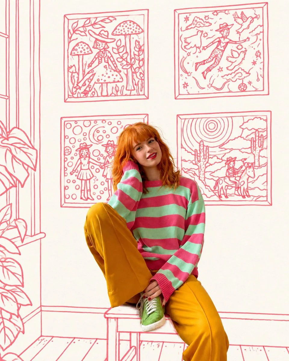 Photoreal person stands inside a whimsical monochrome ink line-drawn room