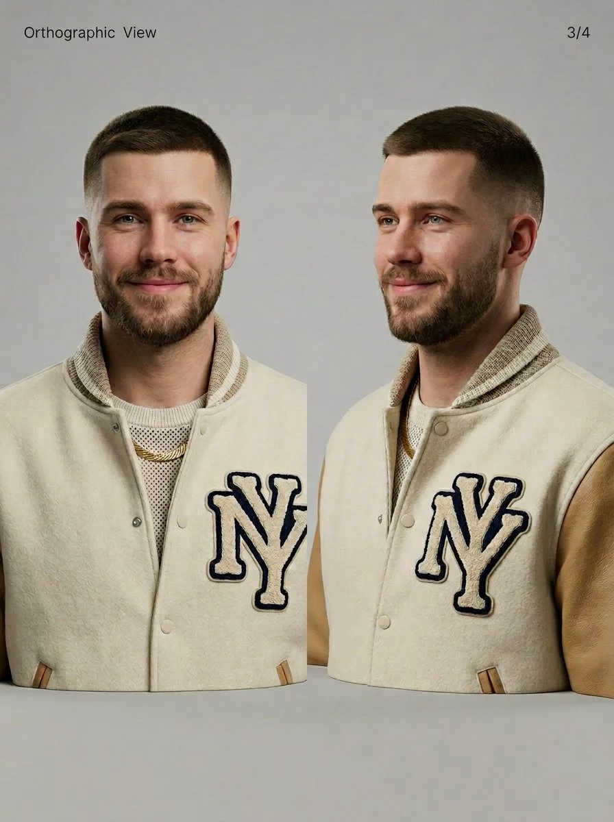 Photorealistic 3D Male Character Sheet with Varsity Jacket Detailing