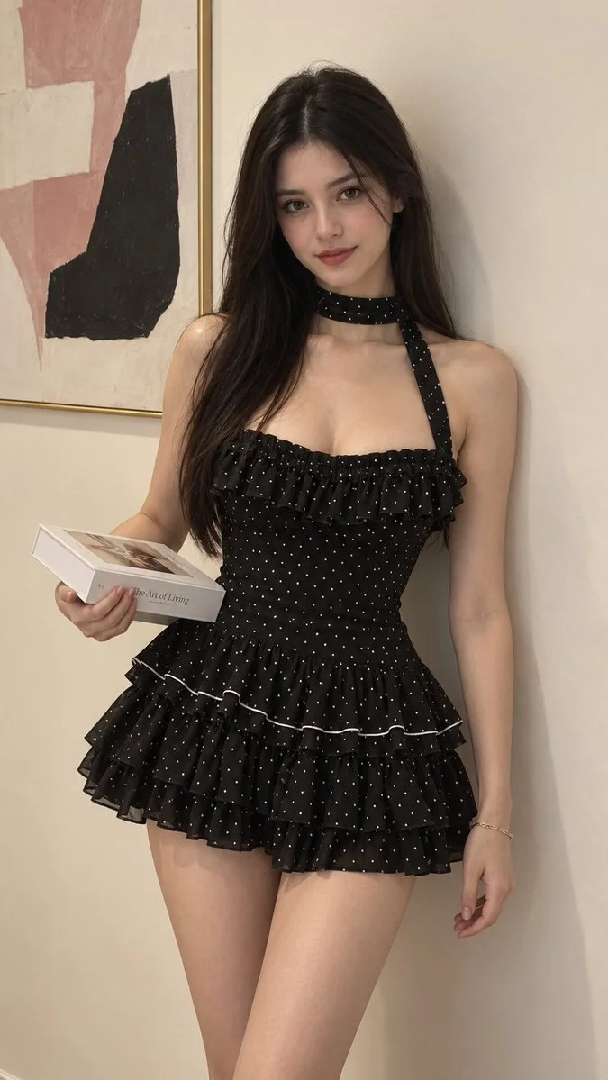 Photorealistic Cinematic Portrait of a Young Woman in Polka Dot Dress Holding a Book Indoors