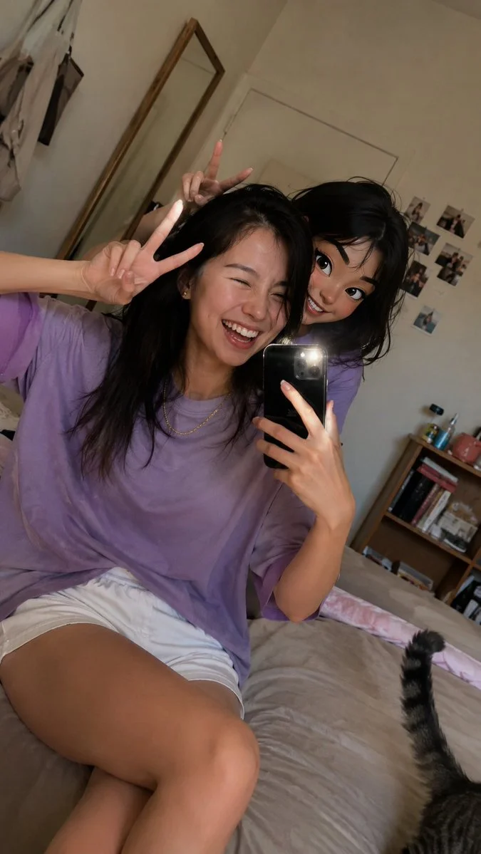 Photorealistic laugh interrupted by a grinning 3D cartoon twin