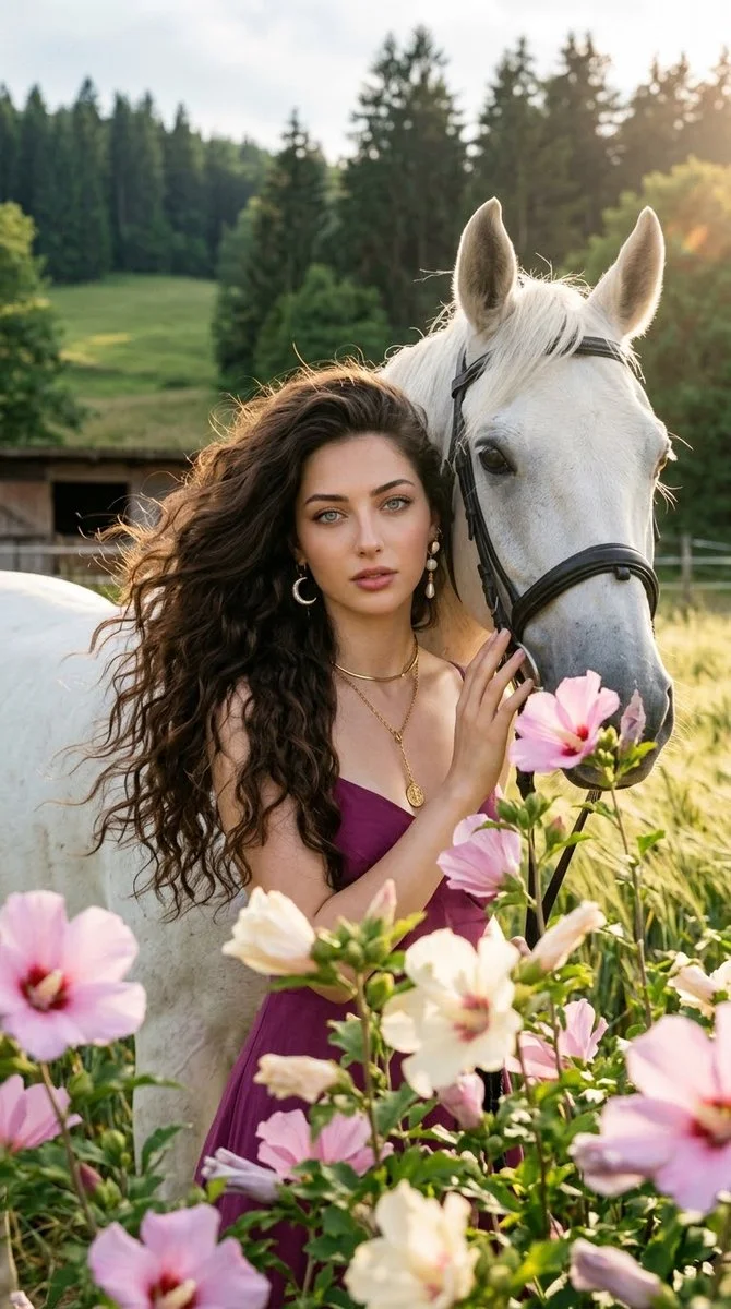Photorealistic Portrait Captures Quiet Trust Between Woman and White Horse