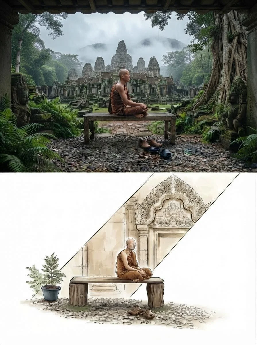 Photorealistic ruins split with watercolor sketch in vertical composition