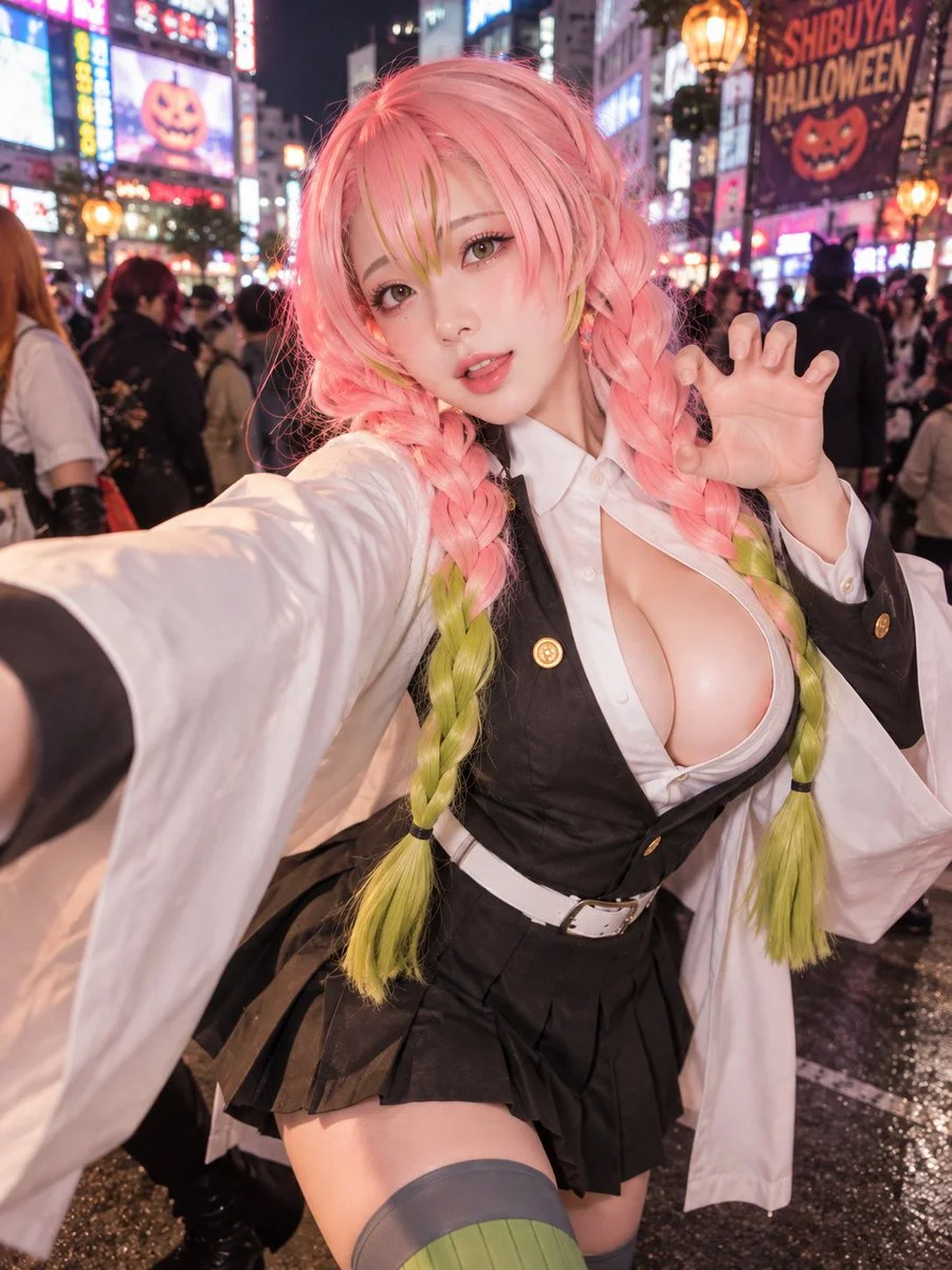 Pink-braided woman stretches arm toward camera in night parade