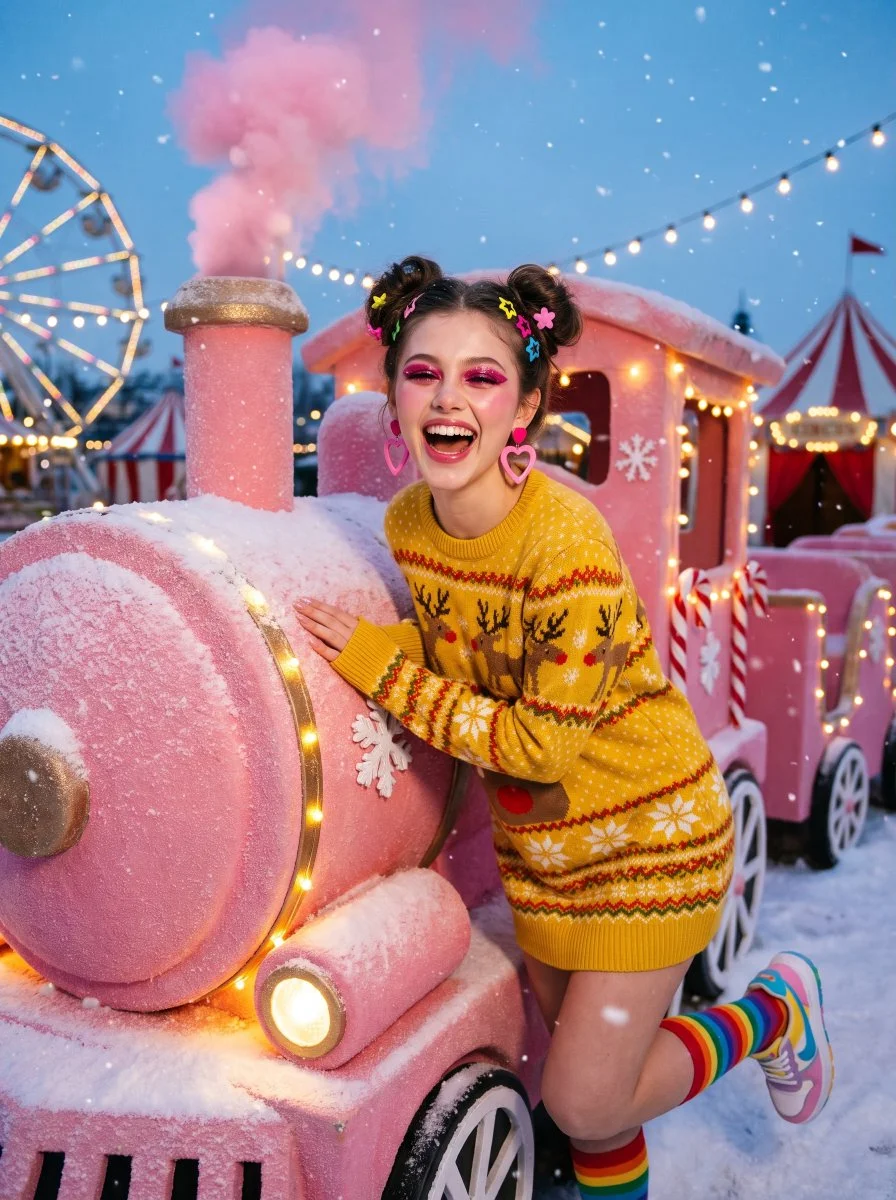 Pink candy train and reindeer sweater create whimsical winter carnival scene