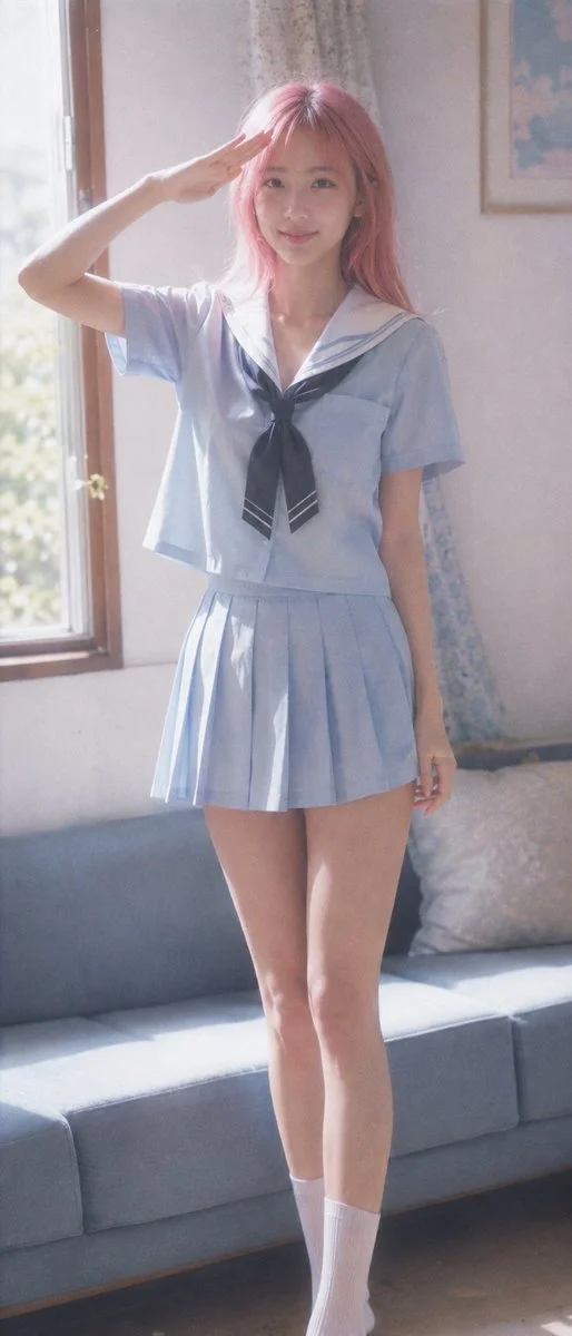 Pink-haired woman in sailor uniform salutes in summer light