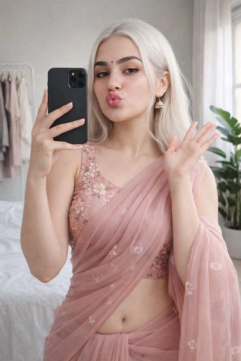 Pink Saree Mirror Selfie in Soft Morning Light