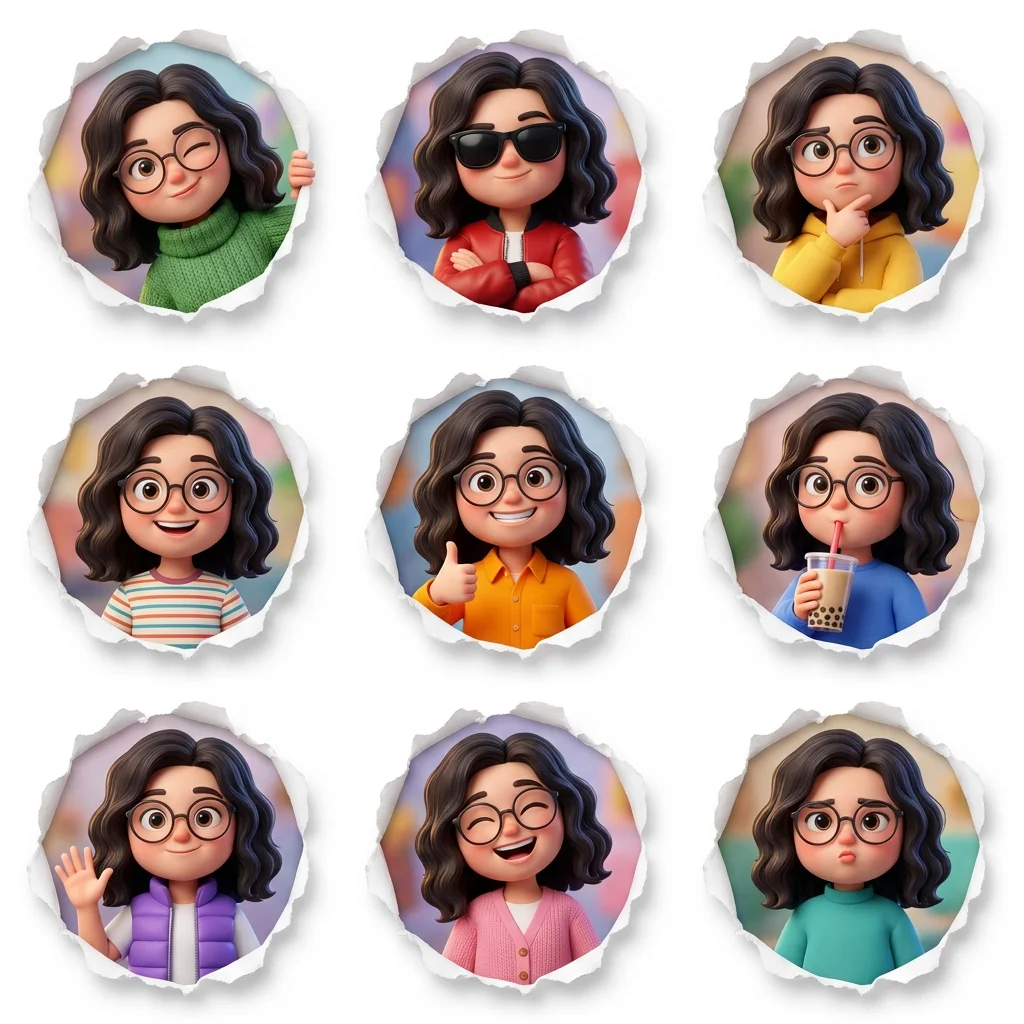 Pixar-Style 3x3 Expression Grid with Torn Paper Frames