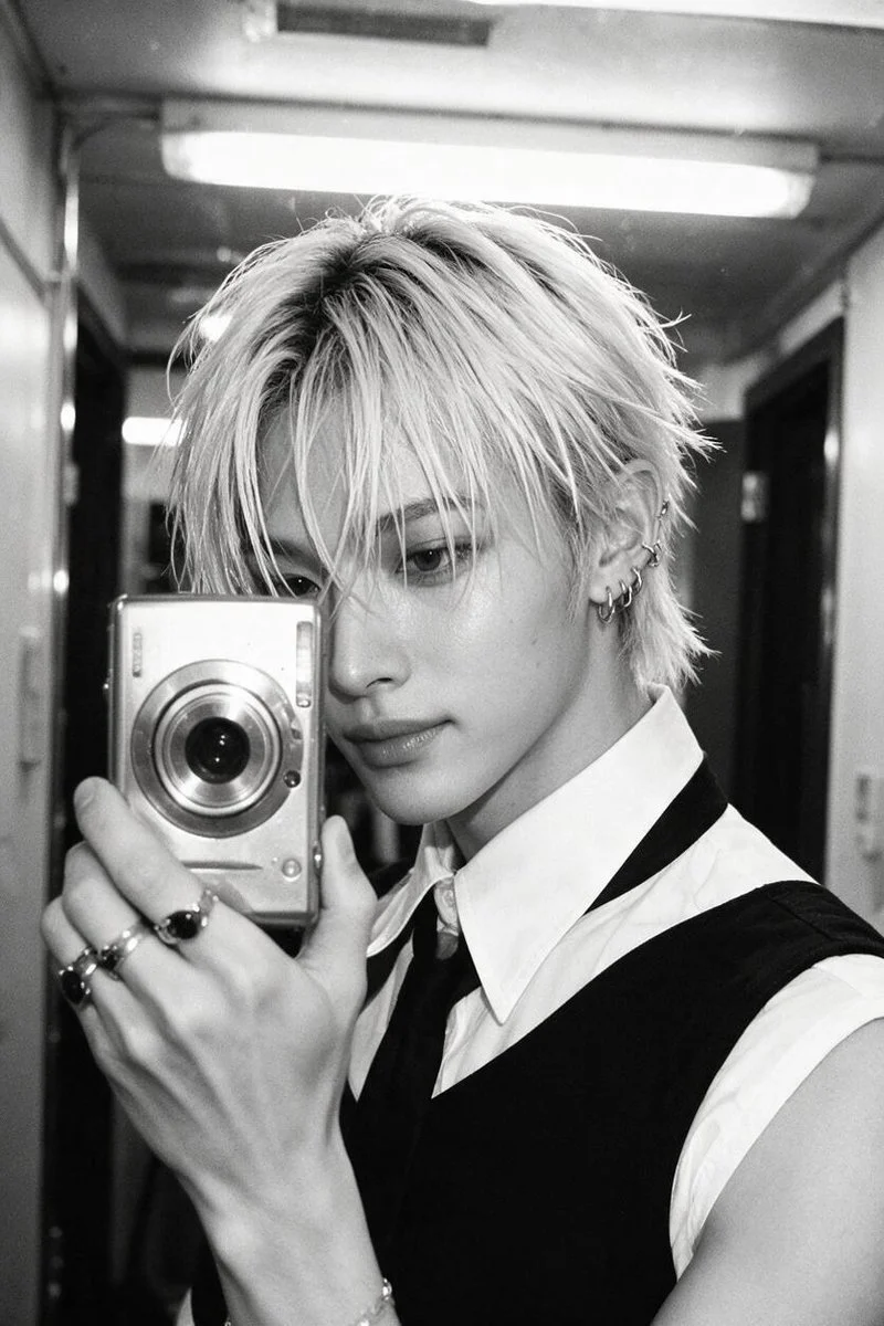 Platinum Blond Man Snaps Mirror Selfie With Compact Digital Camera