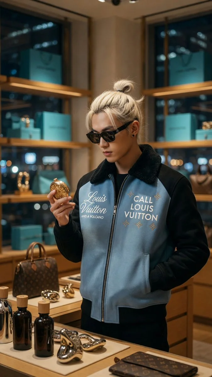 Platinum blonde man inspects a round object under dramatic light.