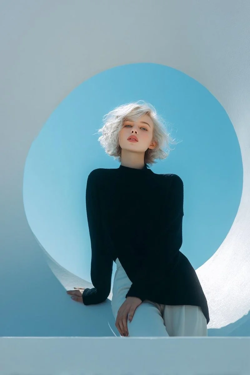 Platinum Blonde Model Poses Inside Futuristic Blue Circular Studio