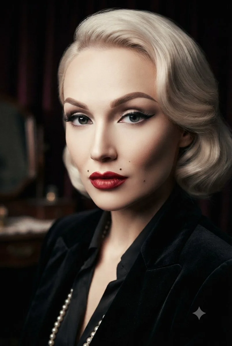 Platinum blonde woman poses in velvet blazer with pearls and red lips