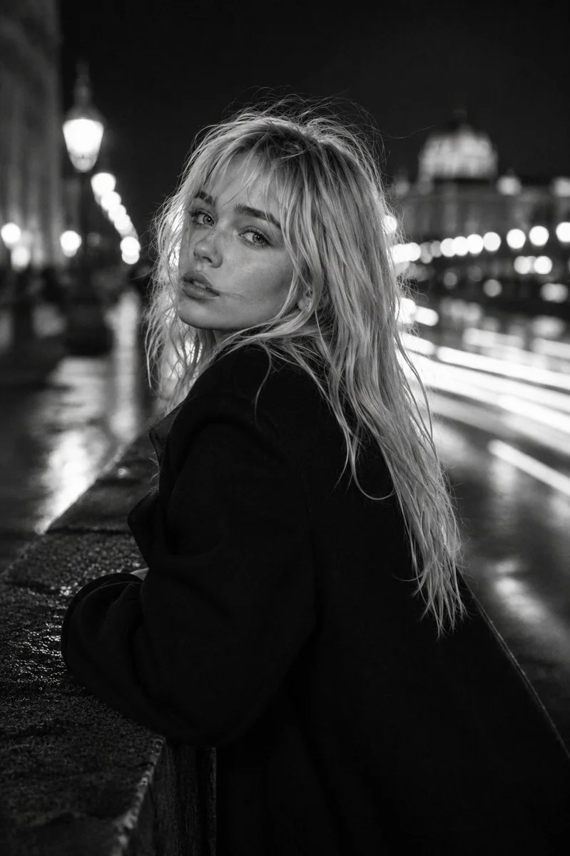 Platinum-haired woman glances back in monochrome city night