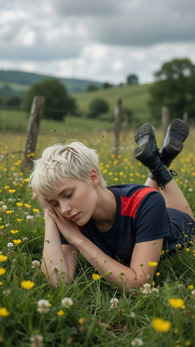 Platinum-haired woman in combat boots relaxes in a lush green meadow.
