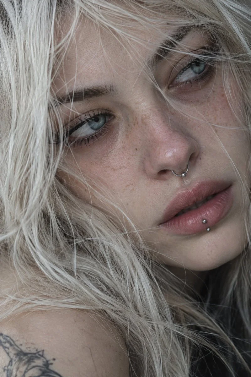 Platinum-Haired Woman With Piercings Gazes Away in Raw Portrait