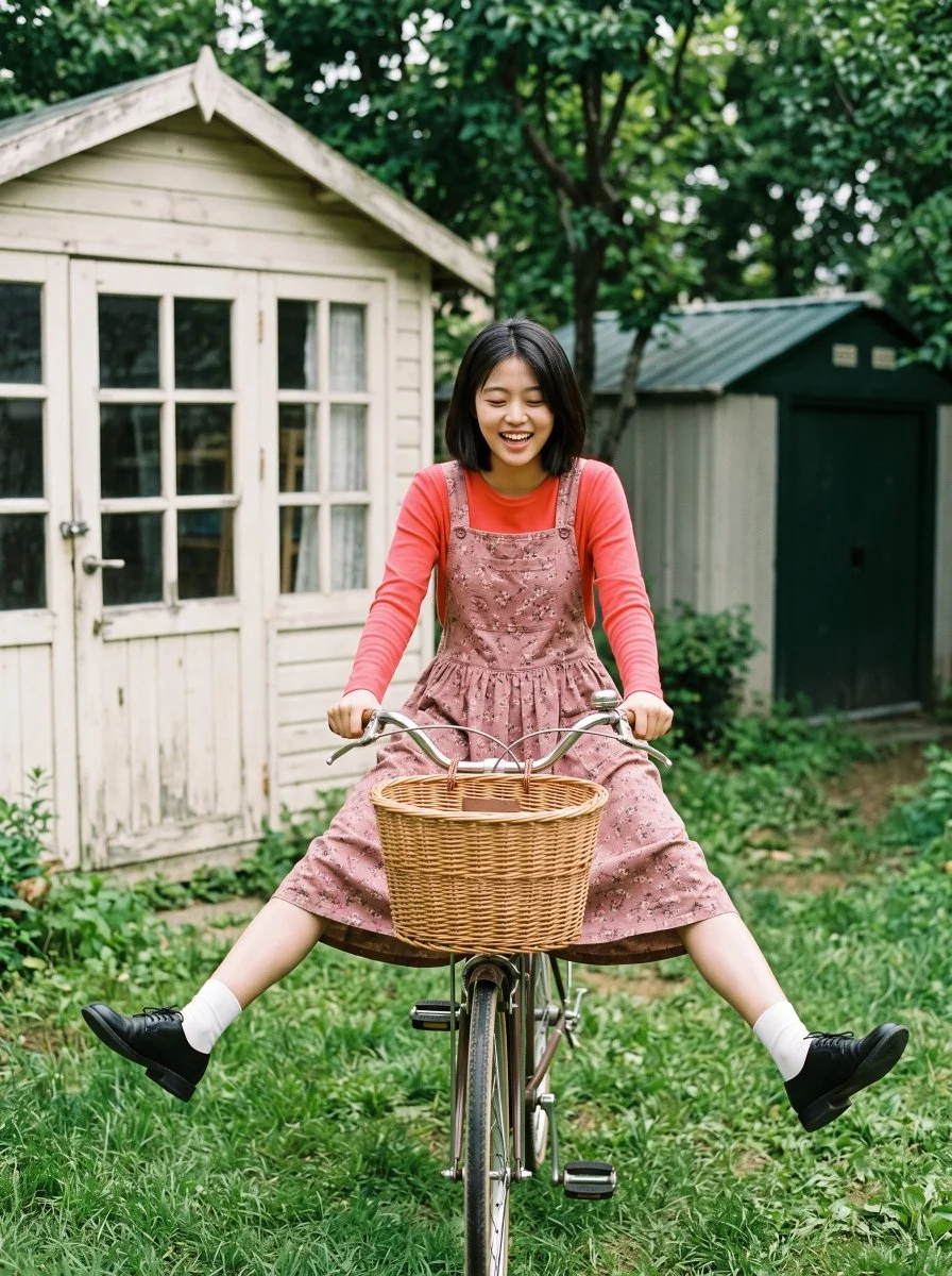Playful Asian woman rides vintage bicycle in sunlit garden