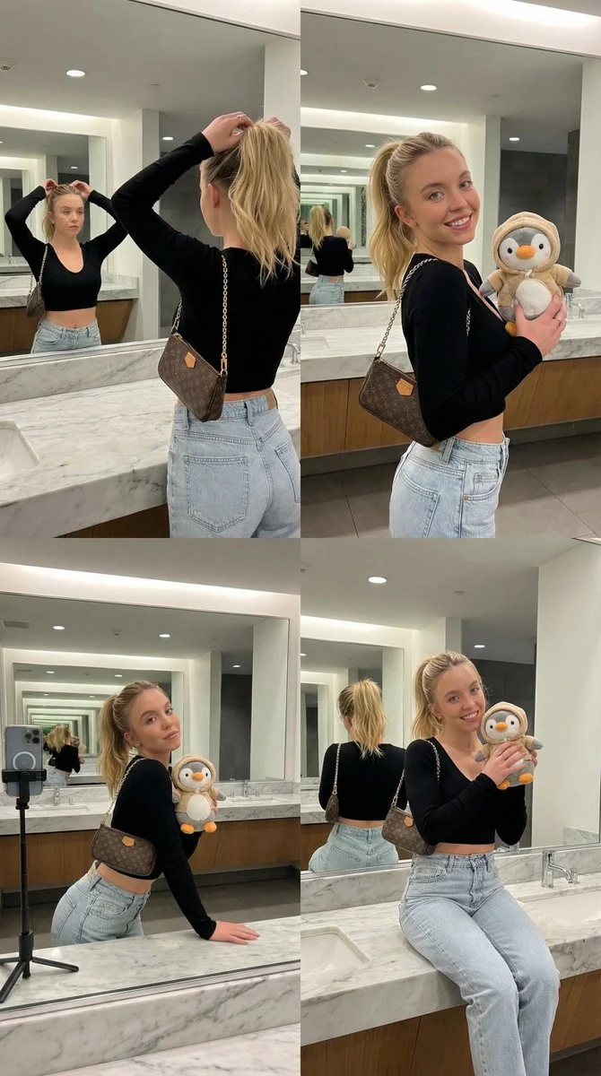 Playful Bathroom Reflections: A Stylish Selfie Collage