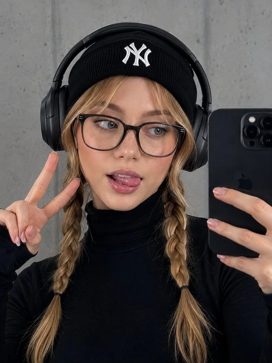 Playful blonde in black beanie poses with peace sign for mirror selfie.