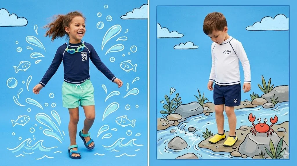 Playful Children's Fashion Editorial with Water-Themed Illustrations