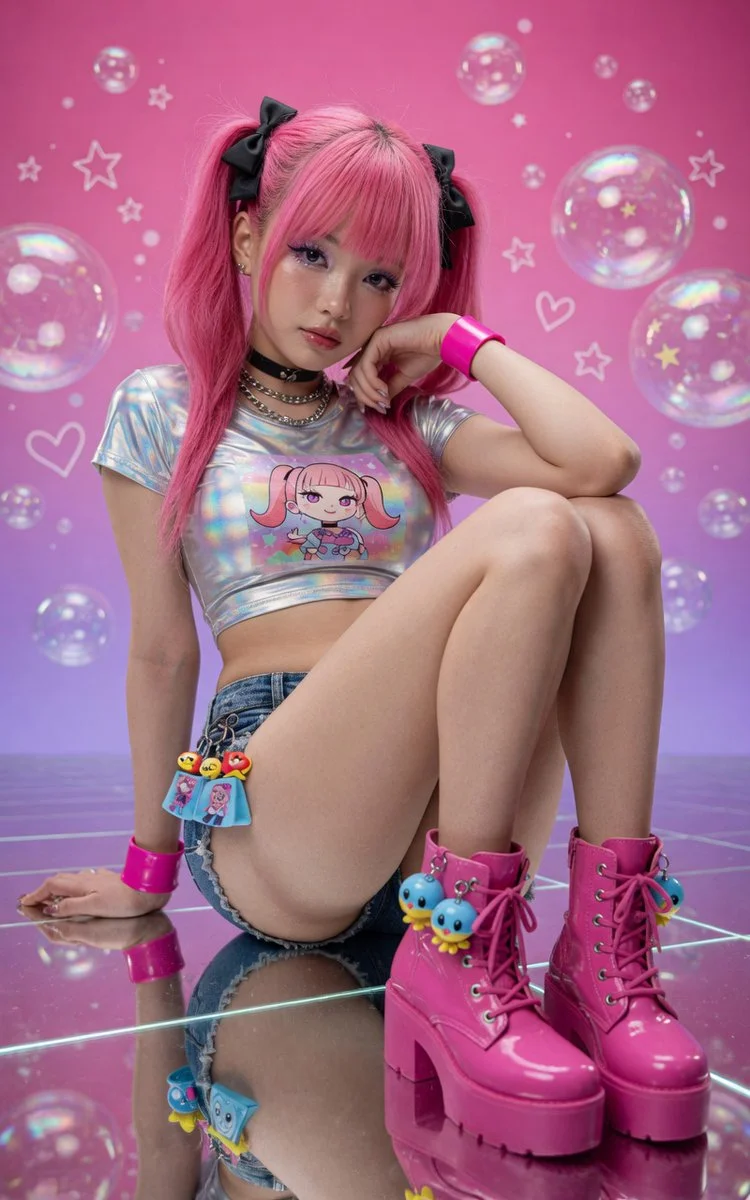 Playful model with pink pigtails and holographic crop top shines